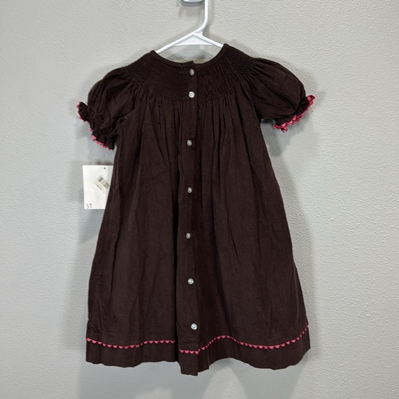 Castles & Crowns Brown Smocked corduroy Sundress‎ with Pink Floral Embroidery - Picture 6 of 7